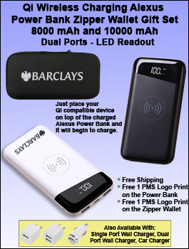 Super Slim Qi Wireless Charging Alexus Power Bank, Dual Ports 8000 or 10000 mAh, Black Zipper Wallet